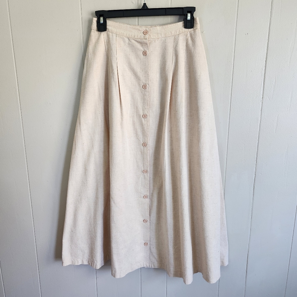 Deva vintage vtg A-line midi skirt button front cream fox fiber organic cotton M